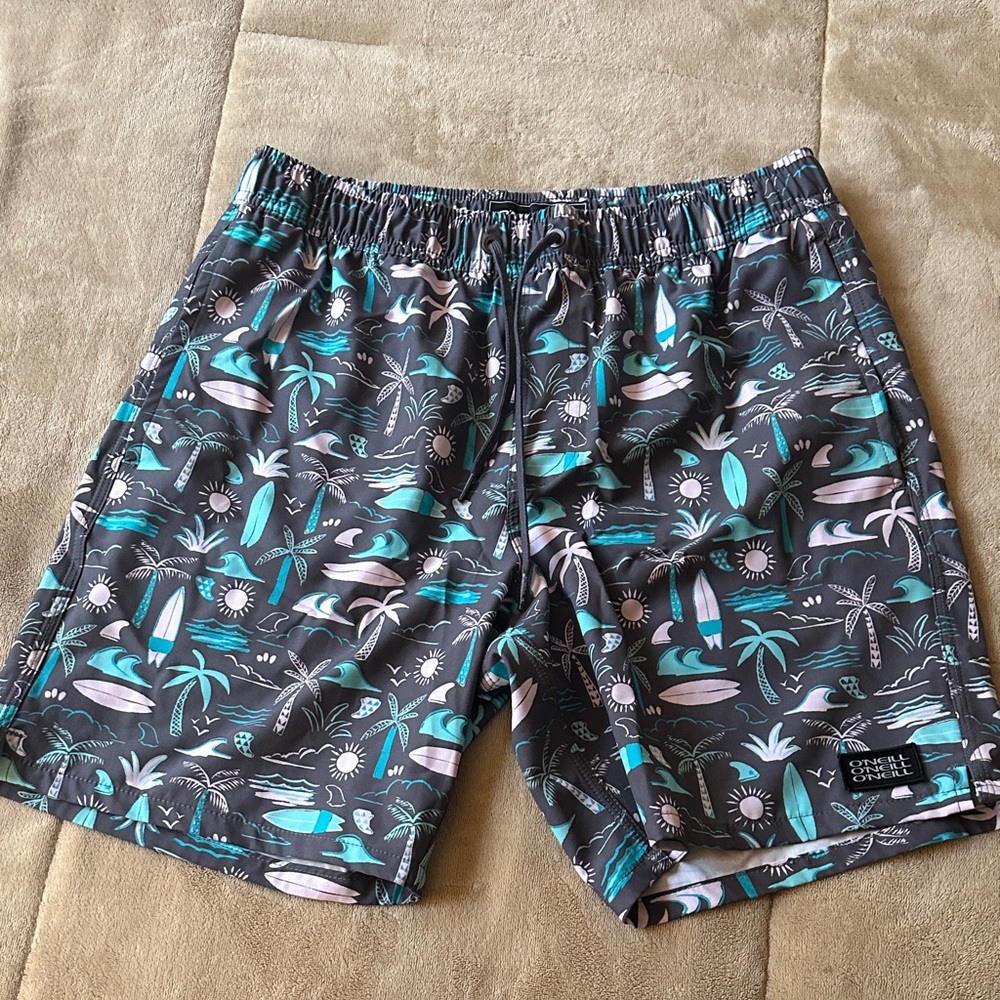 O’Neill Men’s Gray Surfboard Print Swim Shorts, Size Small